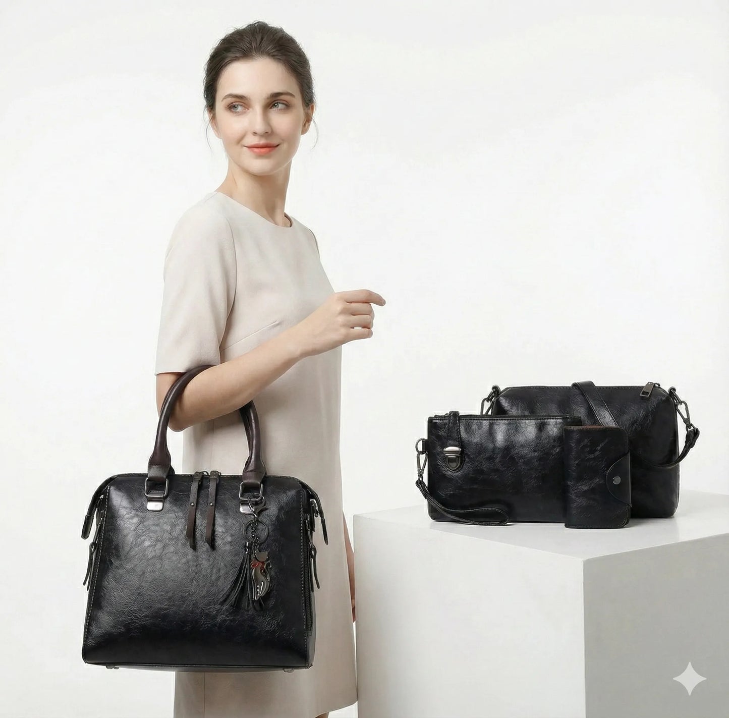 Premium-Set aus Echtleder - Tasche + Geldbörse + Clutch + Necessaire gratis