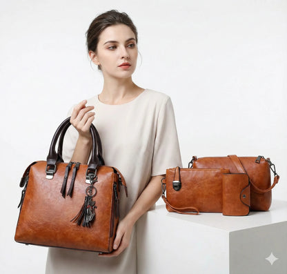 Premium-Set aus Echtleder - Tasche + Geldbörse + Clutch + Necessaire gratis
