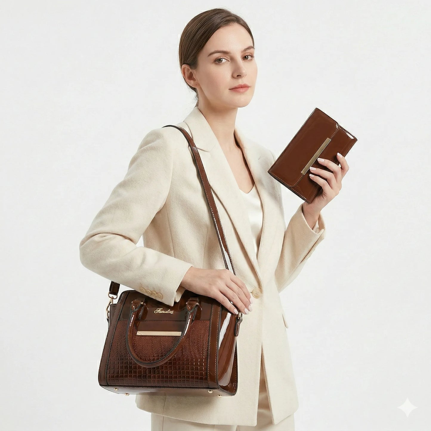 Set Tasche und Geldbörse aus Echtleder - Croc