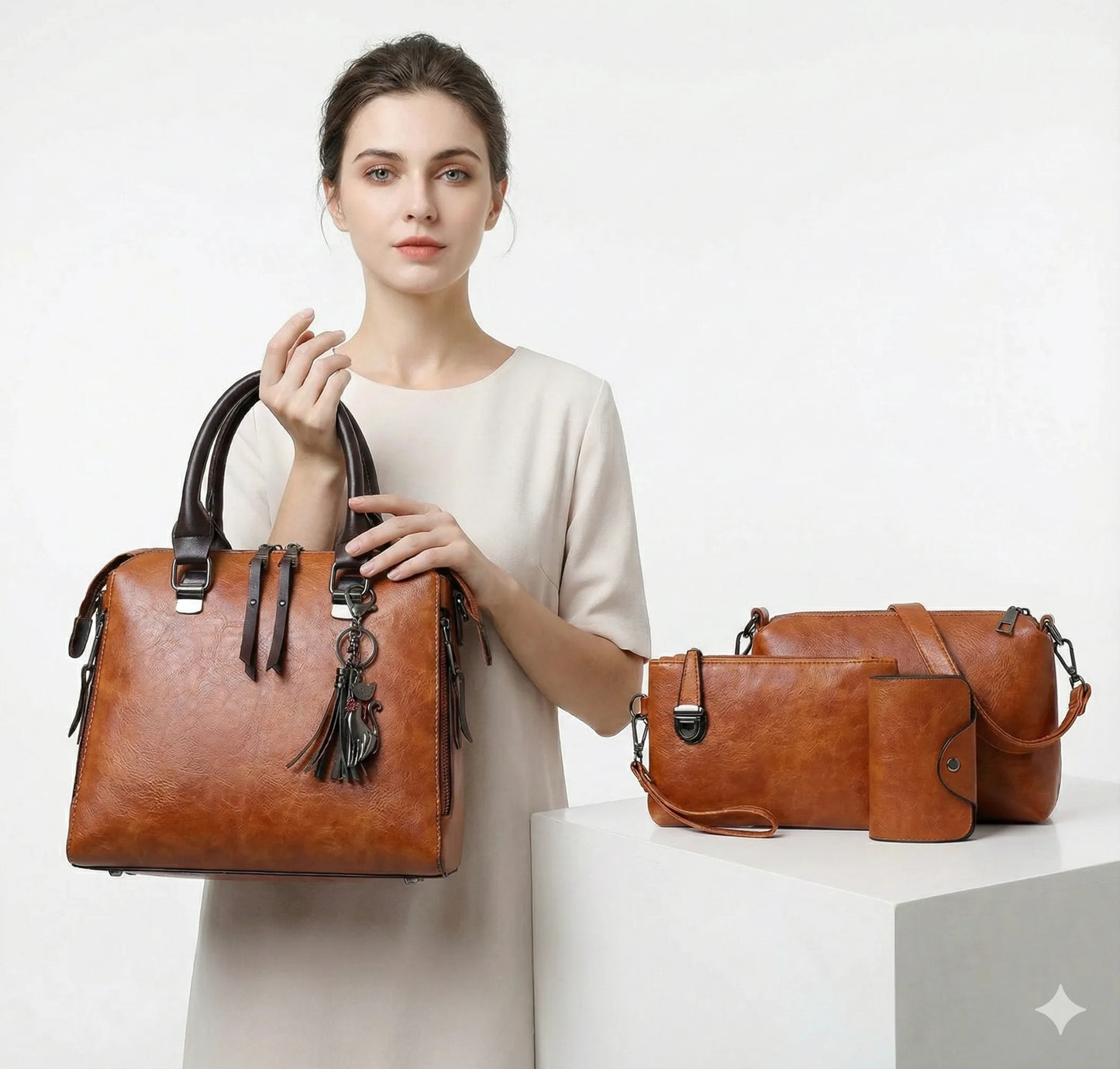Premium-Set aus Echtleder - Tasche + Geldbörse + Clutch + Necessaire gratis