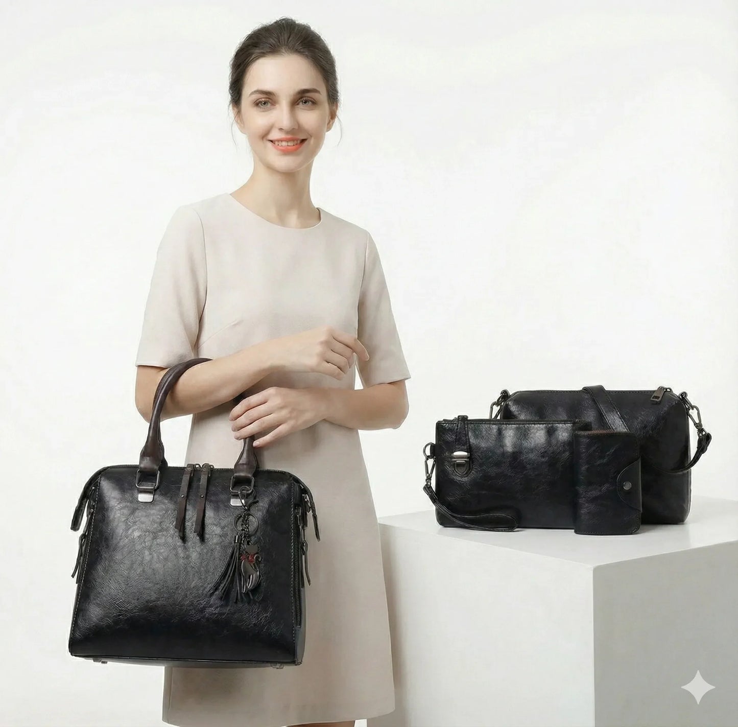 Premium-Set aus Echtleder - Tasche + Geldbörse + Clutch + Necessaire gratis