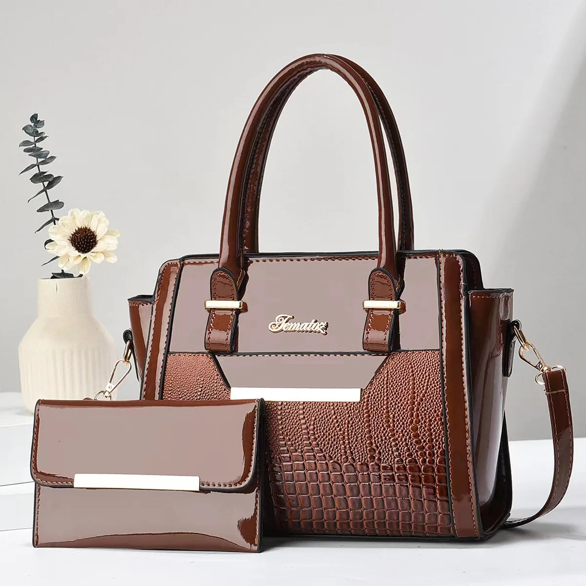 Set Tasche und Geldbörse aus Echtleder - Croc
