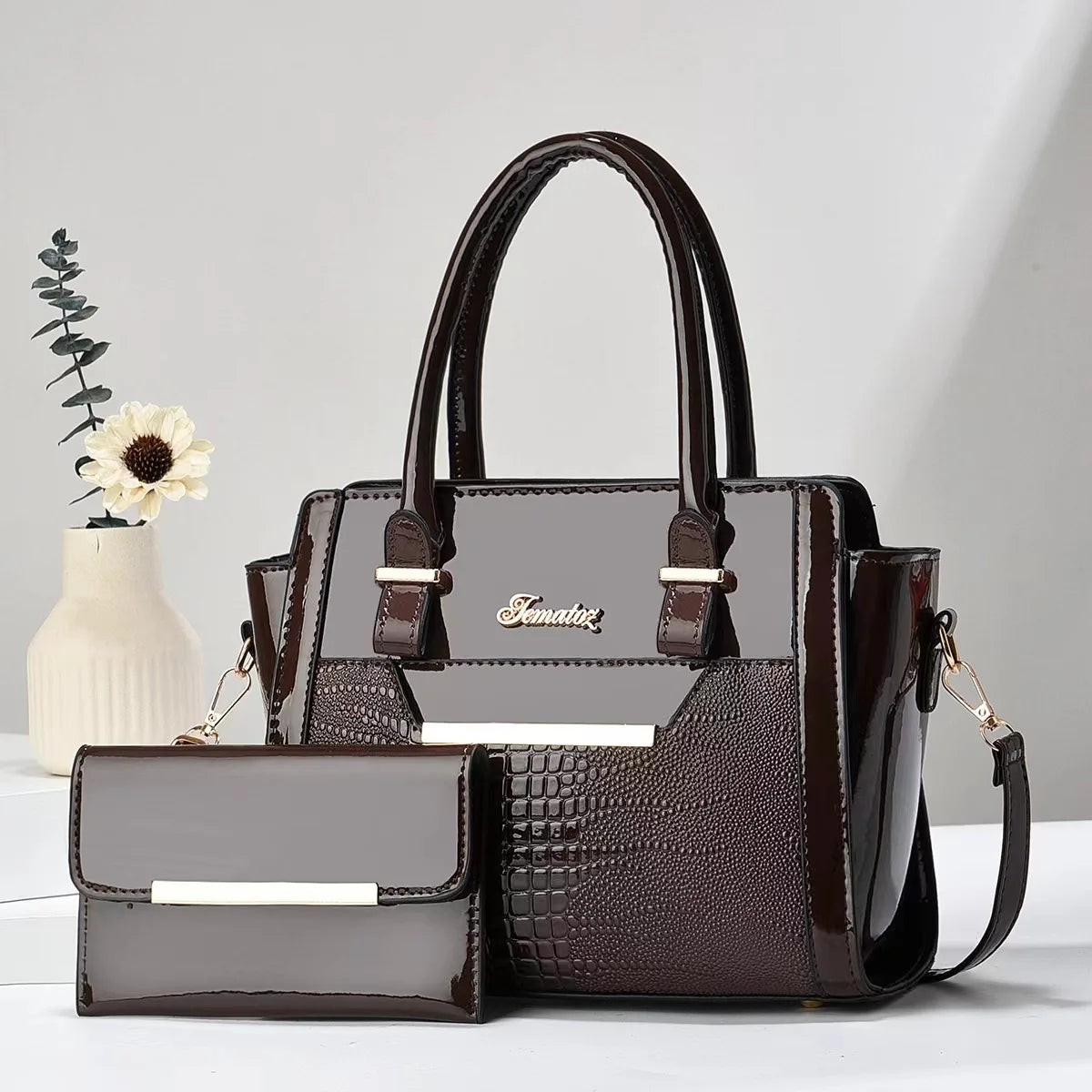 Set Tasche und Geldbörse aus Echtleder - Croc