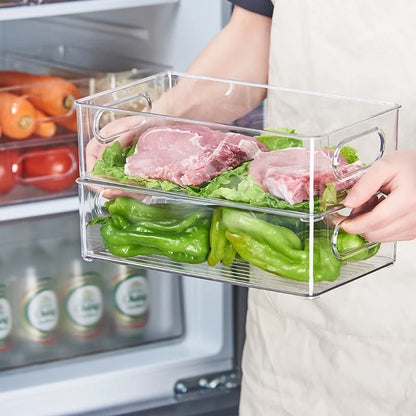 1pc geladeira organizador caixas empilhável geladeira caixa de armazenamento de alimentos com alça de plástico transparente despensa comida freezer organizador ferramenta