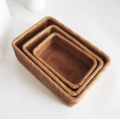 Cesta De Frutas De Vime De Rattan Tecida À Mão, Cesta De Pão De Lanche De Chá, Caixa De Armazenamento Retangular Cosmética, Suprimentos De Cozinha Doméstica