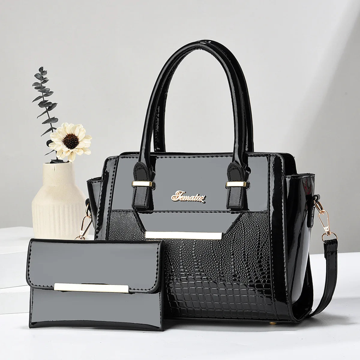 Set Tasche und Geldbörse aus Echtleder - Croc