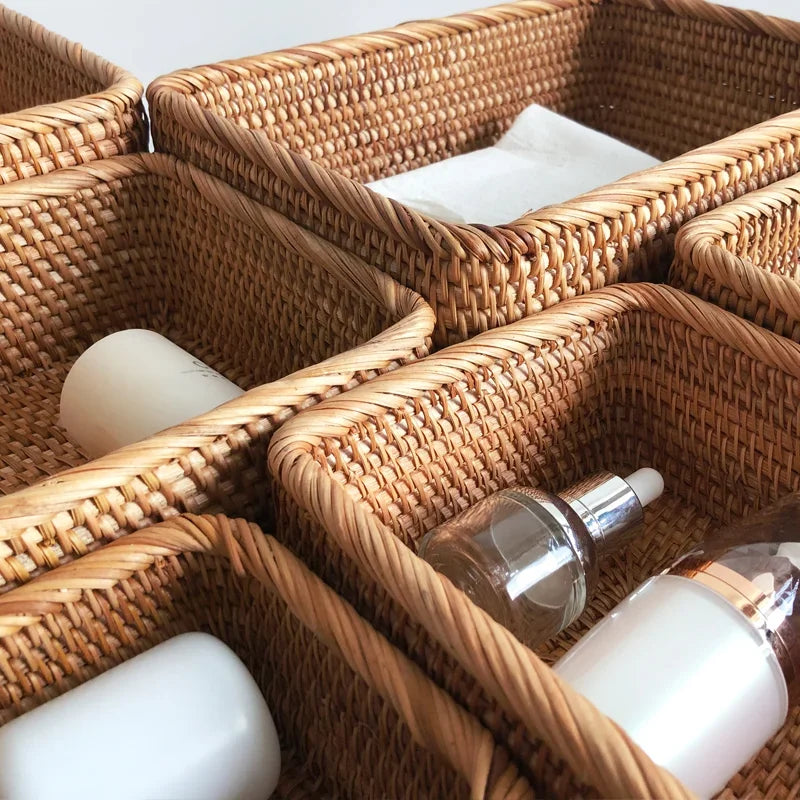 Cesta De Frutas De Vime De Rattan Tecida À Mão, Cesta De Pão De Lanche De Chá, Caixa De Armazenamento Retangular Cosmética, Suprimentos De Cozinha Doméstica