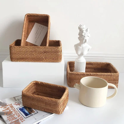 Cesta De Frutas De Vime De Rattan Tecida À Mão, Cesta De Pão De Lanche De Chá, Caixa De Armazenamento Retangular Cosmética, Suprimentos De Cozinha Doméstica