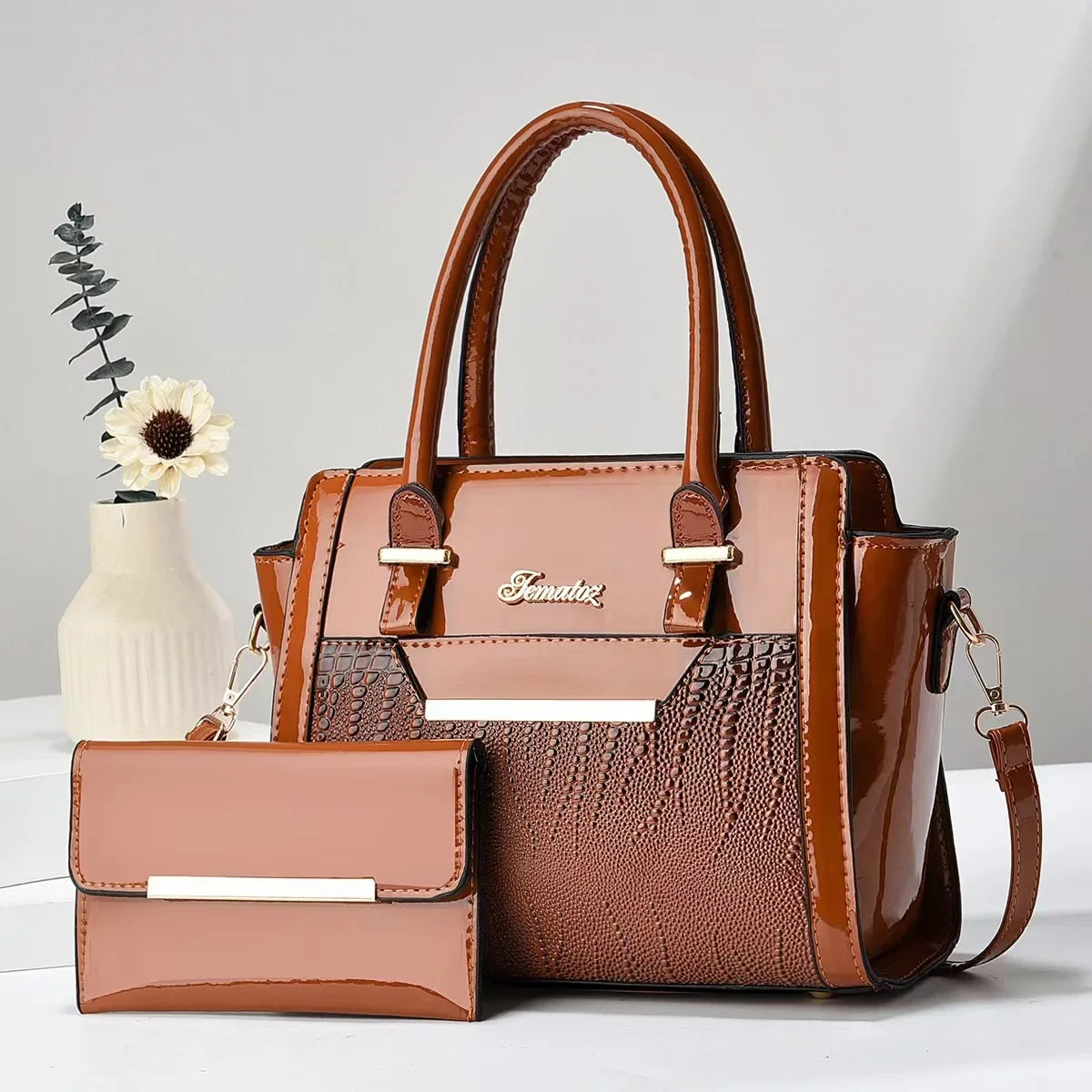 Set Tasche und Geldbörse aus Echtleder - Croc