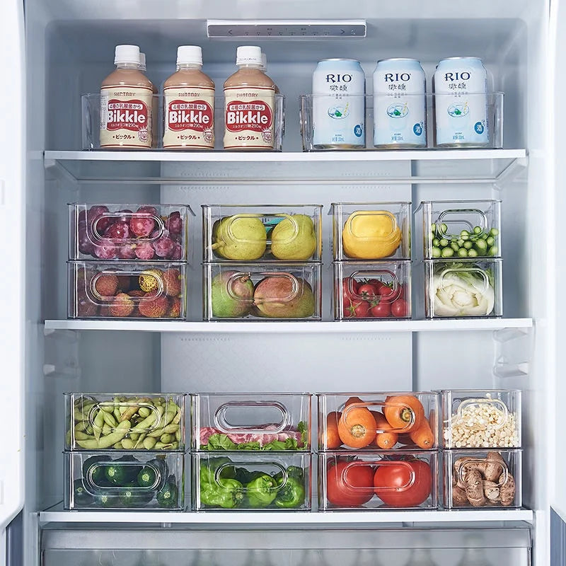 1pc geladeira organizador caixas empilhável geladeira caixa de armazenamento de alimentos com alça de plástico transparente despensa comida freezer organizador ferramenta
