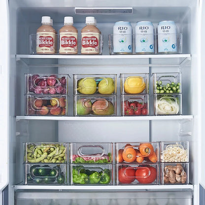 1pc geladeira organizador caixas empilhável geladeira caixa de armazenamento de alimentos com alça de plástico transparente despensa comida freezer organizador ferramenta
