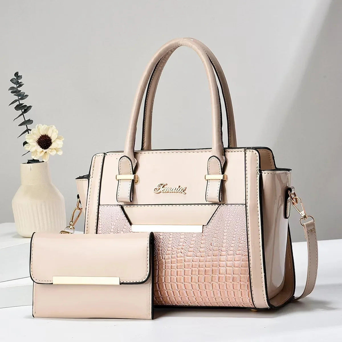 Set Tasche und Geldbörse aus Echtleder - Croc